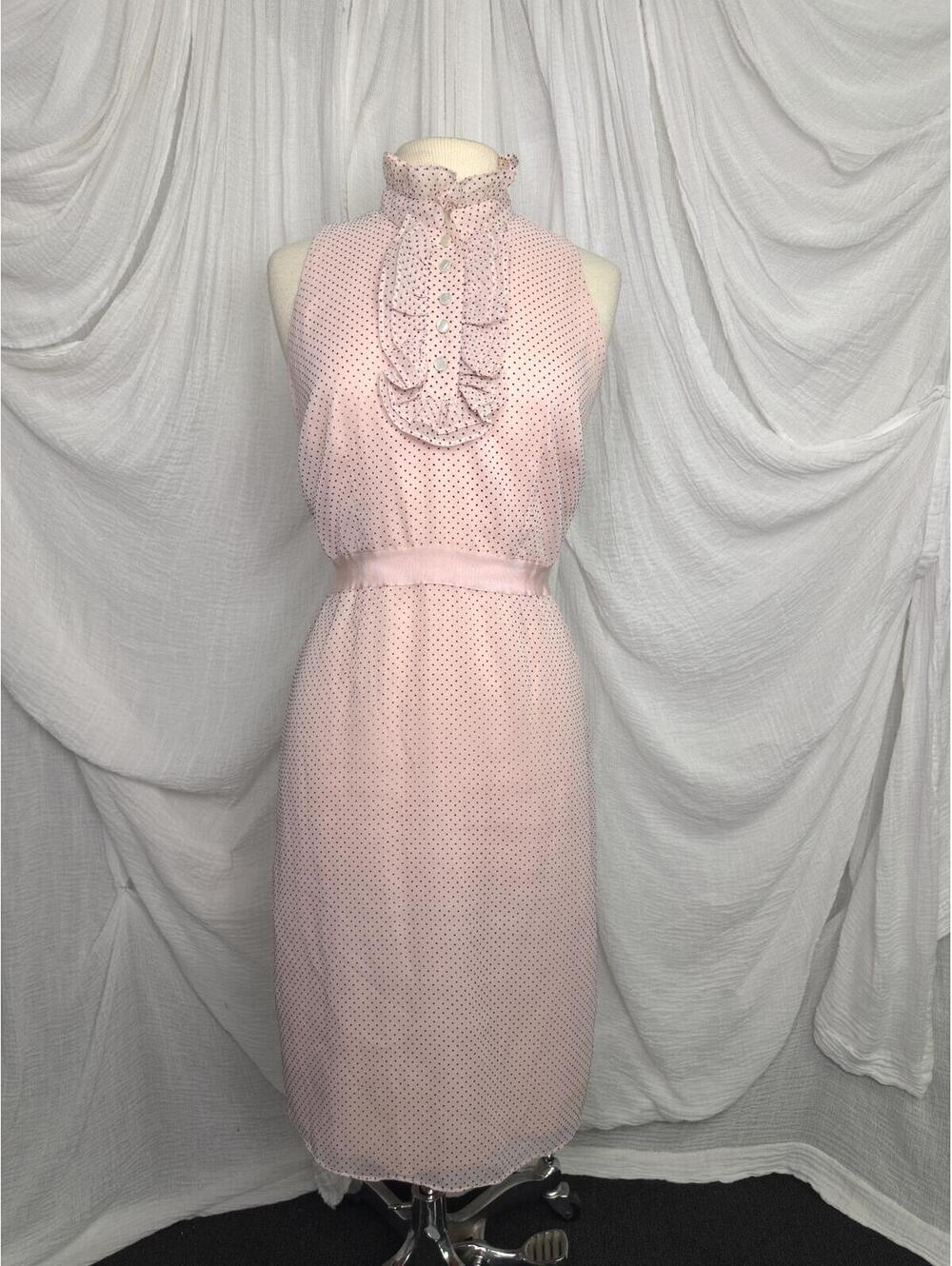 Vintage Preppy Pink Polka Dot Ruffle Neck Dress Size 10